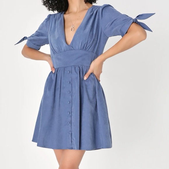 Lulus Dresses & Skirts - NWT Lulus Absolutely Sweet Blue Button-Up Short Sleeve Mini Dress
